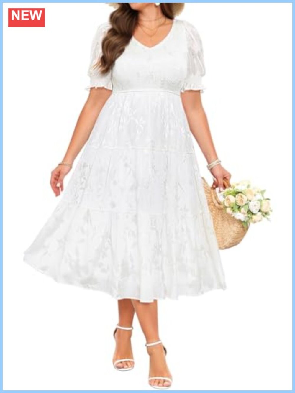 Plus Size Chiffon Midi Dress Smocked Puff Sleeve Tiered